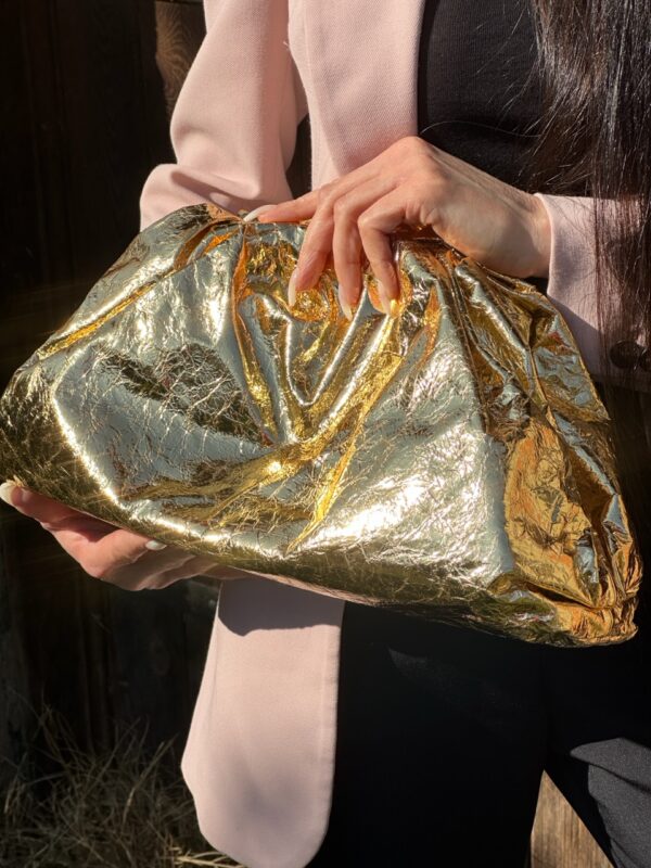 Bottega Veneta Metallic Leather Pouch Maxi Clutch