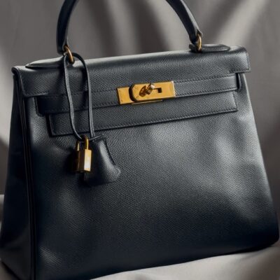 Hermès Kelly 28 Retourne Bleu Marine Couchevel (1990 - stamp T circle)