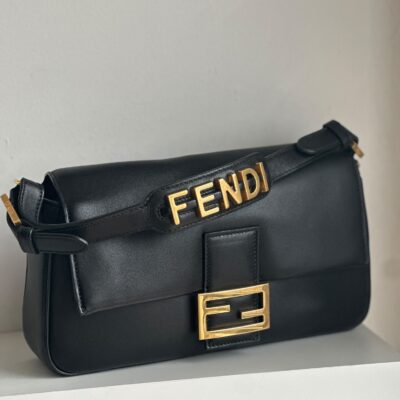 Fendi Black Leather Flap Baguette (2023)